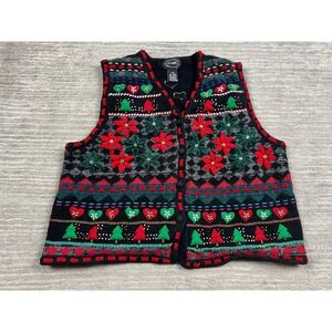 Designers Studio Originals Vest Womens M Black Christmas Poinsettia Beaded Knit